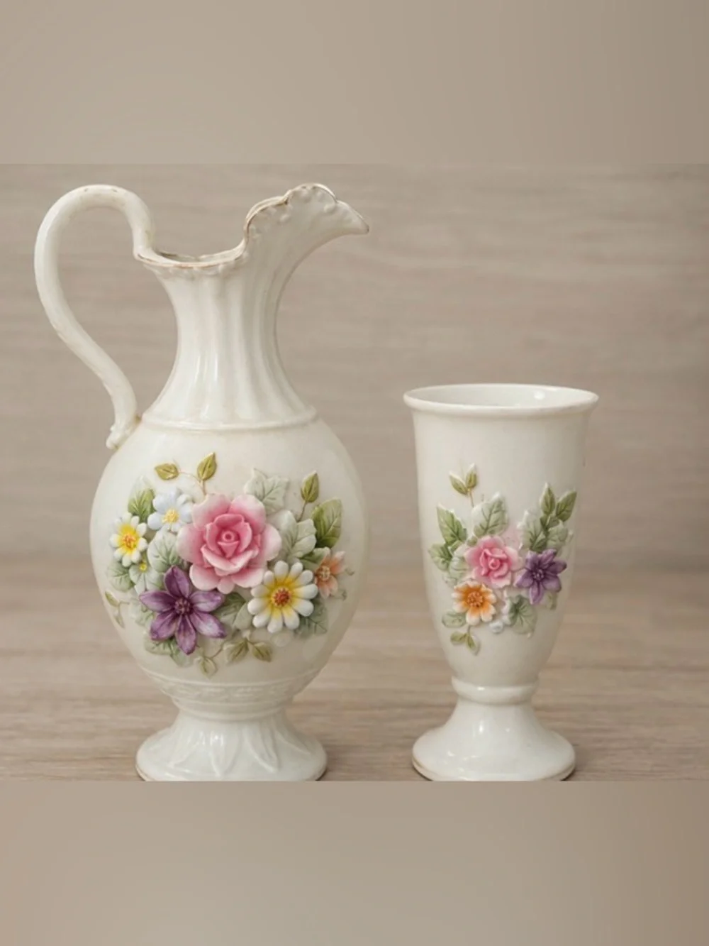 Vintage Lefton China Bud Vase & Mini Pitcher Set / Hand Painted porcelain